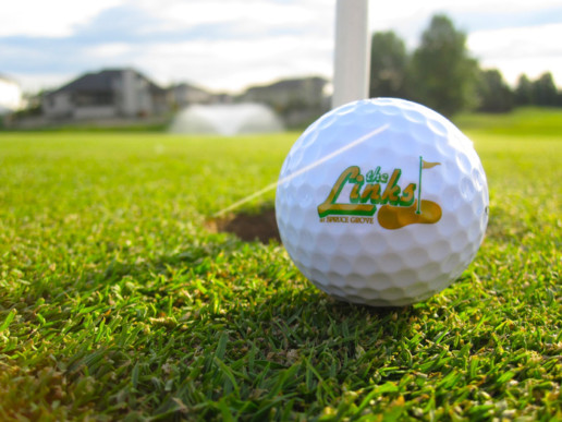 The Links at Spruce Grove golf ball on fresh cut green