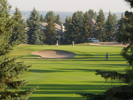 between the trees view of lush fairway, sand bunker, and manicured golf green at The Links at Spruce Grove